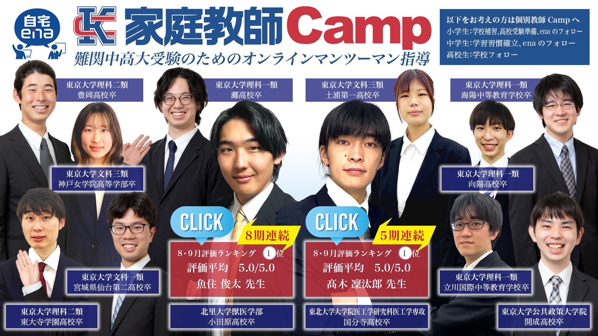 自宅enaのオンライン家庭教師campの教師陣は全員最難関大学在籍